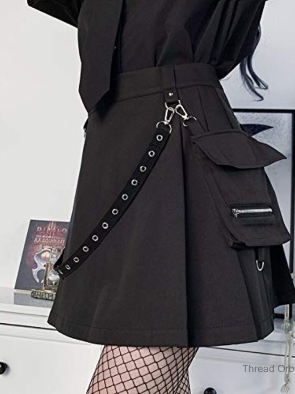 Punk Cargo Mini Skirt with Pockets, Polyester Spandex, High Rise, Regular Fit - Picture 5 of 7